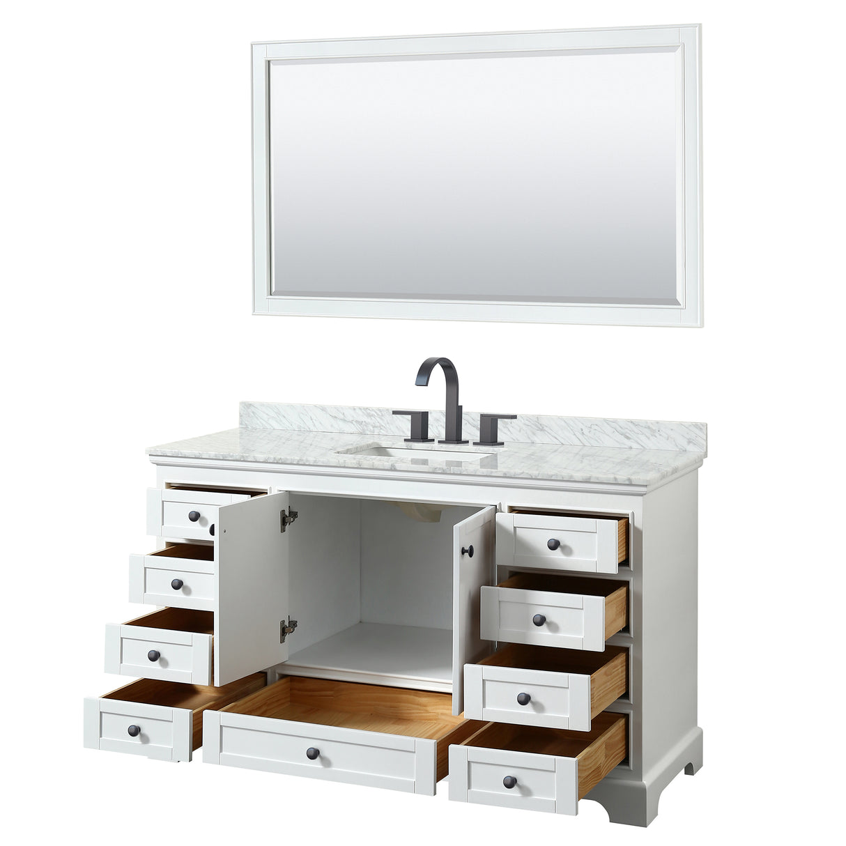 Deborah 60 Inch Single Bathroom Vanity in White White Carrara Marble Countertop Undermount Square Sink Matte Black Trim 58 Inch Mirror