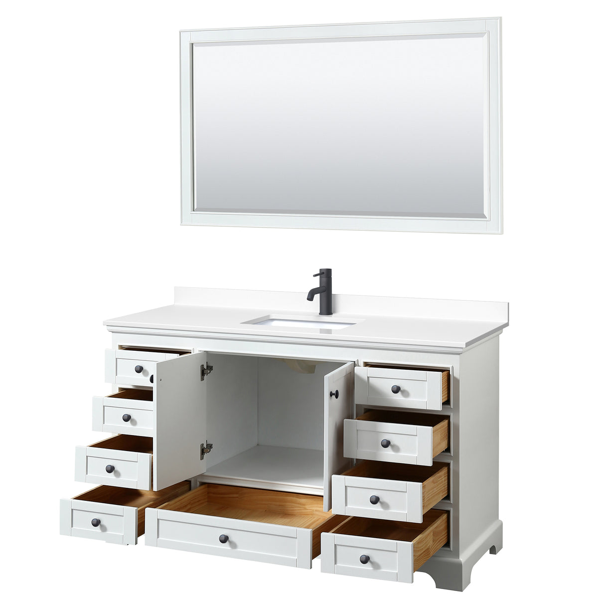 Deborah 60 Inch Single Bathroom Vanity in White White Cultured Marble Countertop Undermount Square Sink Matte Black Trim 58 Inch Mirror