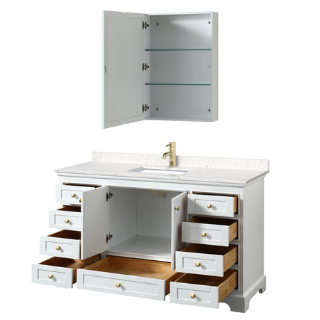 Deborah 60 Inch Single Bathroom Vanity in White Carrara Cultured Marble Countertop Undermount Square Sink Brushed Gold Trim Medicine Cabinet