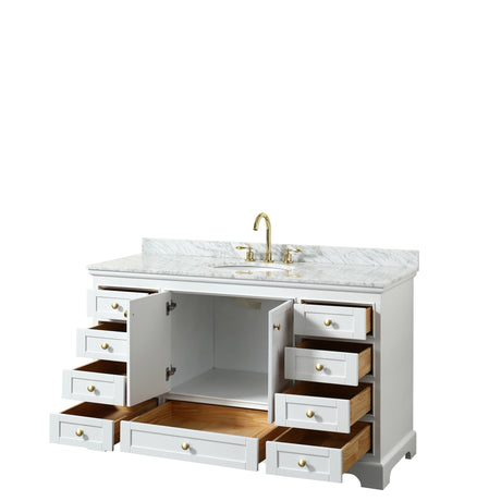 Deborah 60 Inch Single Bathroom Vanity in White White Carrara Marble Countertop Undermount Oval Sink Brushed Gold Trim No Mirror