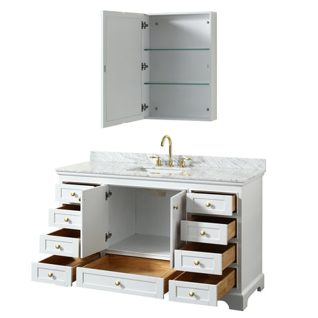 Deborah 60 Inch Single Bathroom Vanity in White White Carrara Marble Countertop Undermount Square Sink Brushed Gold Trim Medicine Cabinet