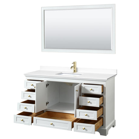 Deborah 60 Inch Single Bathroom Vanity in White White Cultured Marble Countertop Undermount Square Sink Brushed Gold Trim 58 Inch Mirror