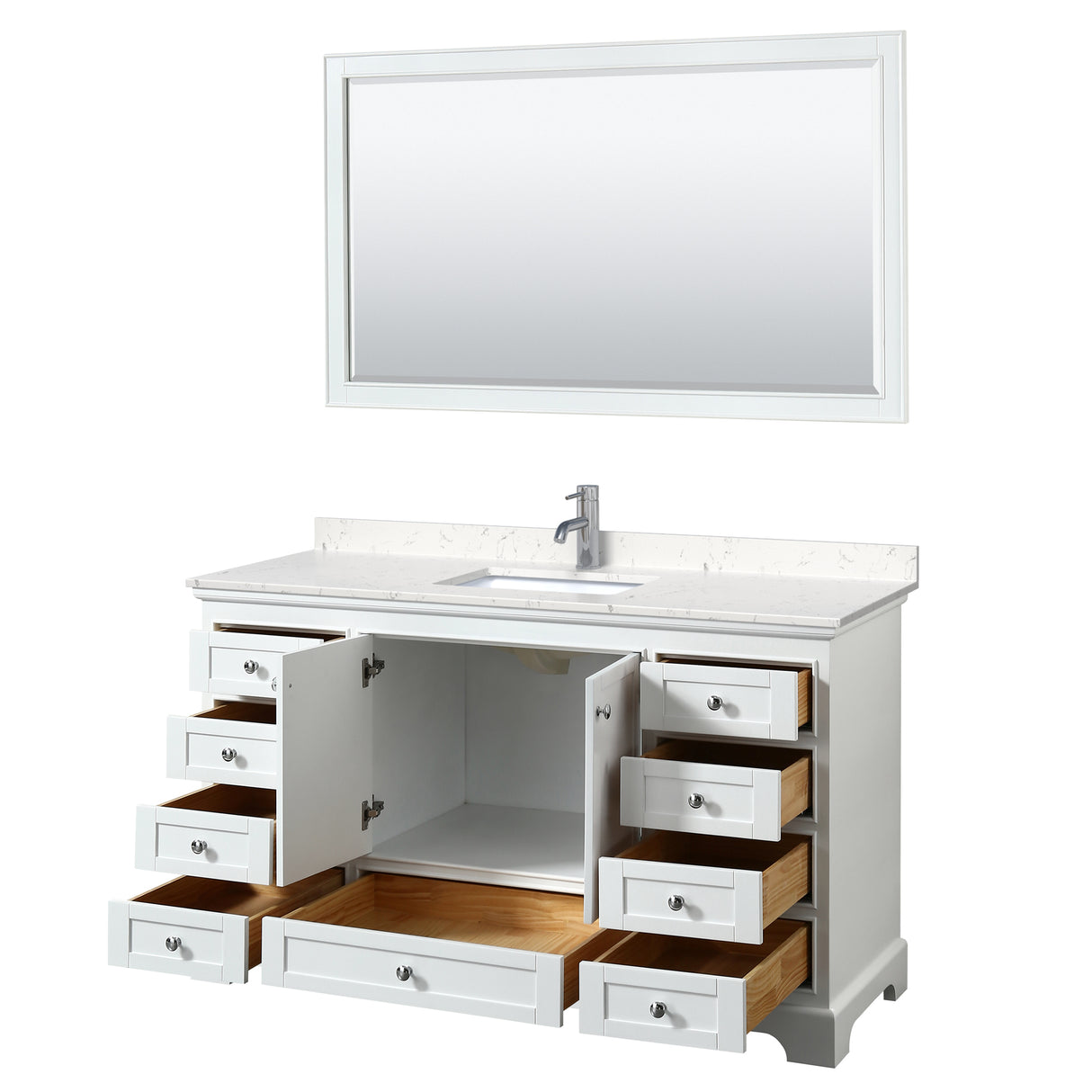 Deborah 60 Inch Single Bathroom Vanity in White Carrara Cultured Marble Countertop Undermount Square Sink 58 Inch Mirror