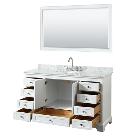 Deborah 60 Inch Single Bathroom Vanity in White White Carrara Marble Countertop Undermount Oval Sink and 58 Inch Mirror