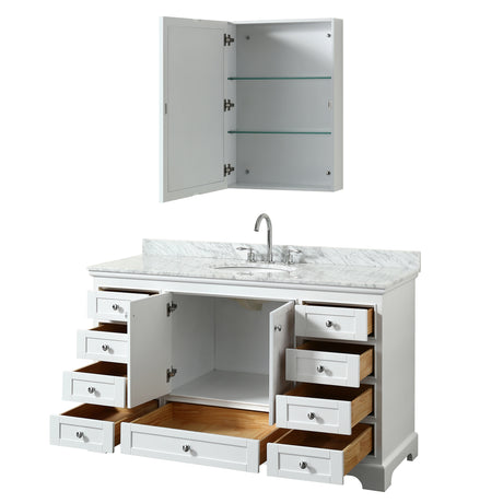 Deborah 60 Inch Single Bathroom Vanity in White White Carrara Marble Countertop Undermount Oval Sink and Medicine Cabinet