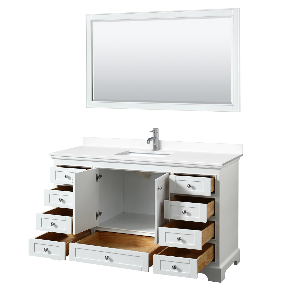 Deborah 60 Inch Single Bathroom Vanity in White White Cultured Marble Countertop Undermount Square Sink 58 Inch Mirror