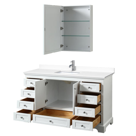 Deborah 60 Inch Single Bathroom Vanity in White White Cultured Marble Countertop Undermount Square Sink Medicine Cabinet