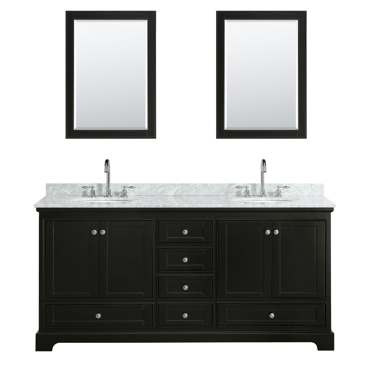 Deborah 72 Inch Double Bathroom Vanity in Dark Espresso White Carrara Marble Countertop Undermount Oval Sinks and 24 Inch Mirrors