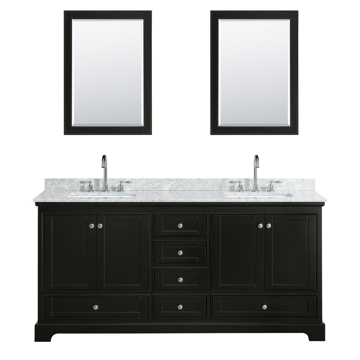 Deborah 72 Inch Double Bathroom Vanity in Dark Espresso White Carrara Marble Countertop Undermount Square Sinks and 24 Inch Mirrors