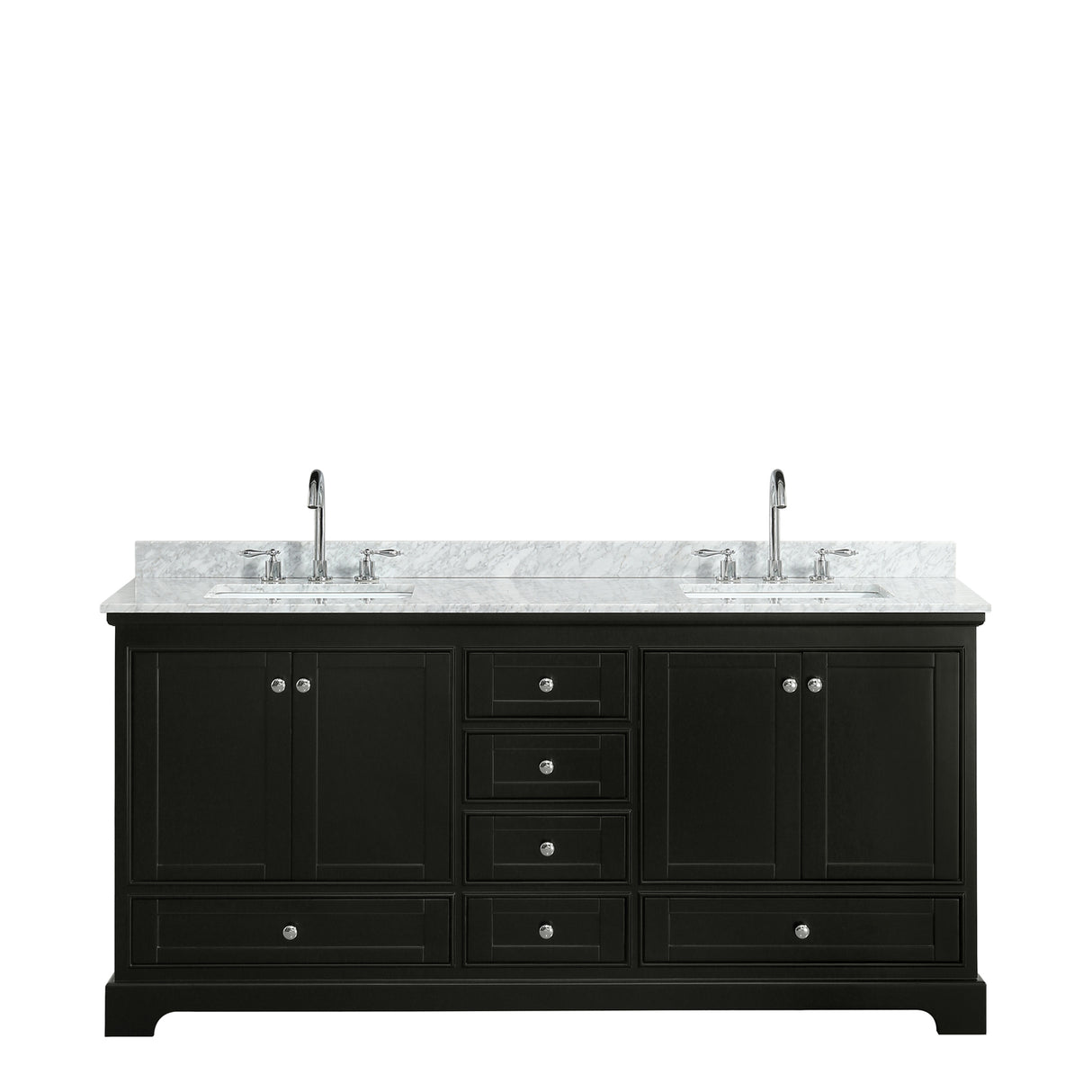 Deborah 72 Inch Double Bathroom Vanity in Dark Espresso White Carrara Marble Countertop Undermount Square Sinks and No Mirrors