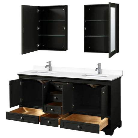 Deborah 72 Inch Double Bathroom Vanity in Dark Espresso White Cultured Marble Countertop Undermount Square Sinks Medicine Cabinets