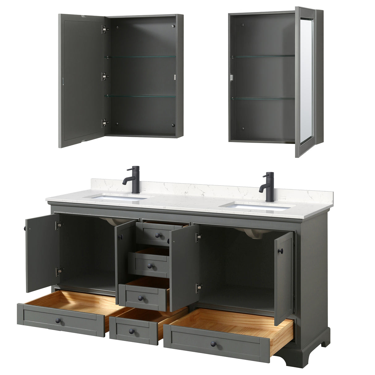 Deborah 72 Inch Double Bathroom Vanity in Dark Gray Carrara Cultured Marble Countertop Undermount Square Sinks Matte Black Trim Medicine Cabinets