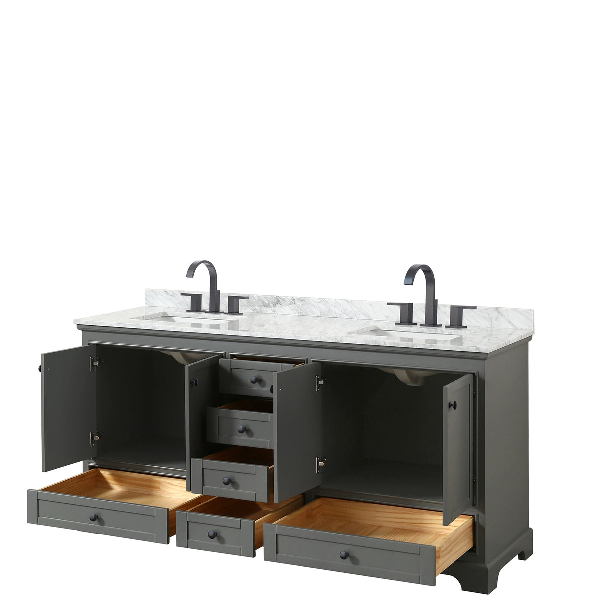 Deborah 72 Inch Double Bathroom Vanity in Dark Gray White Carrara Marble Countertop Undermount Square Sinks Matte Black Trim