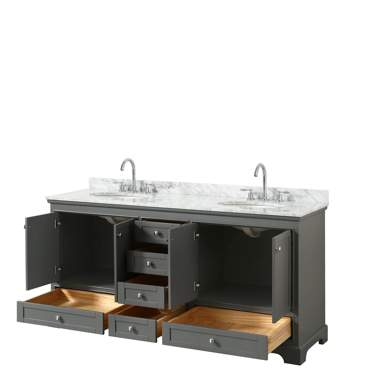 Deborah 72 Inch Double Bathroom Vanity in Dark Gray White Carrara Marble Countertop Undermount Oval Sinks and No Mirrors