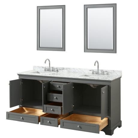 Deborah 72 Inch Double Bathroom Vanity in Dark Gray White Carrara Marble Countertop Undermount Square Sinks and 24 Inch Mirrors