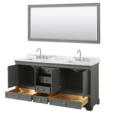 Deborah 72 Inch Double Bathroom Vanity in Dark Gray White Carrara Marble Countertop Undermount Square Sinks and 70 Inch Mirror