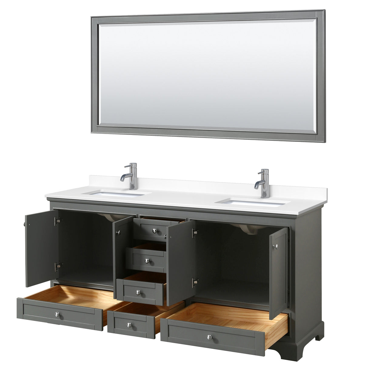 Deborah 72 Inch Double Bathroom Vanity in Dark Gray White Cultured Marble Countertop Undermount Square Sinks 70 Inch Mirror