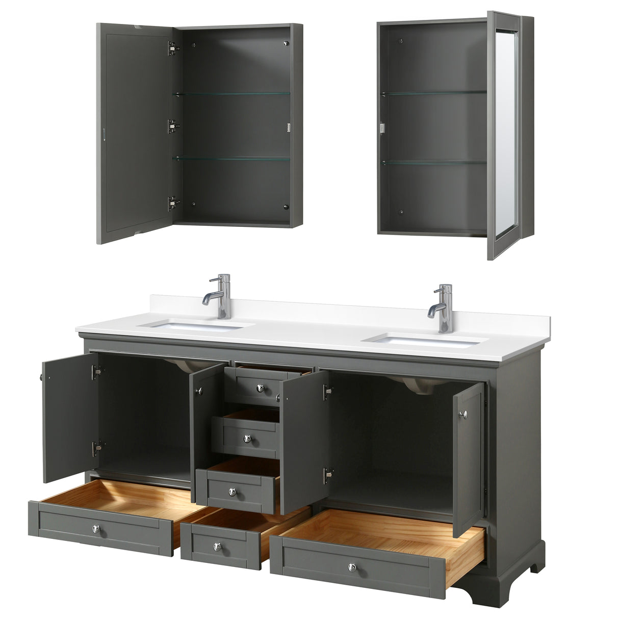 Deborah 72 Inch Double Bathroom Vanity in Dark Gray White Cultured Marble Countertop Undermount Square Sinks Medicine Cabinets