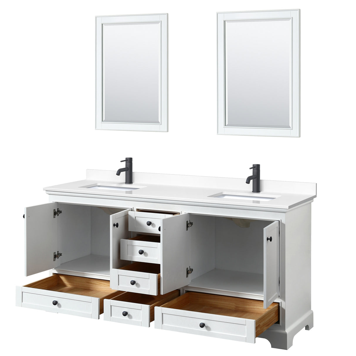 Deborah 72 Inch Double Bathroom Vanity in White White Cultured Marble Countertop Undermount Square Sinks Matte Black Trim 24 Inch Mirrors