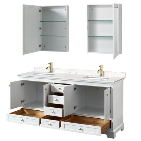 Deborah 72 Inch Double Bathroom Vanity in White Carrara Cultured Marble Countertop Undermount Square Sinks Brushed Gold Trim Medicine Cabinets