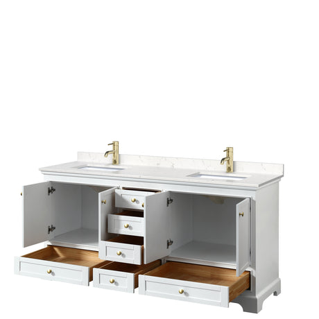 Deborah 72 Inch Double Bathroom Vanity in White Carrara Cultured Marble Countertop Undermount Square Sinks Brushed Gold Trim No Mirrors