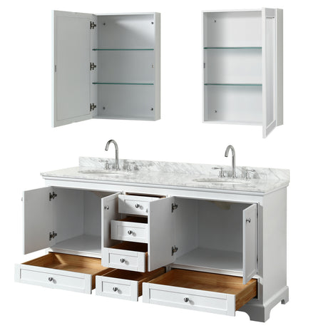 Deborah 72 Inch Double Bathroom Vanity in White White Carrara Marble Countertop Undermount Oval Sinks and Medicine Cabinets