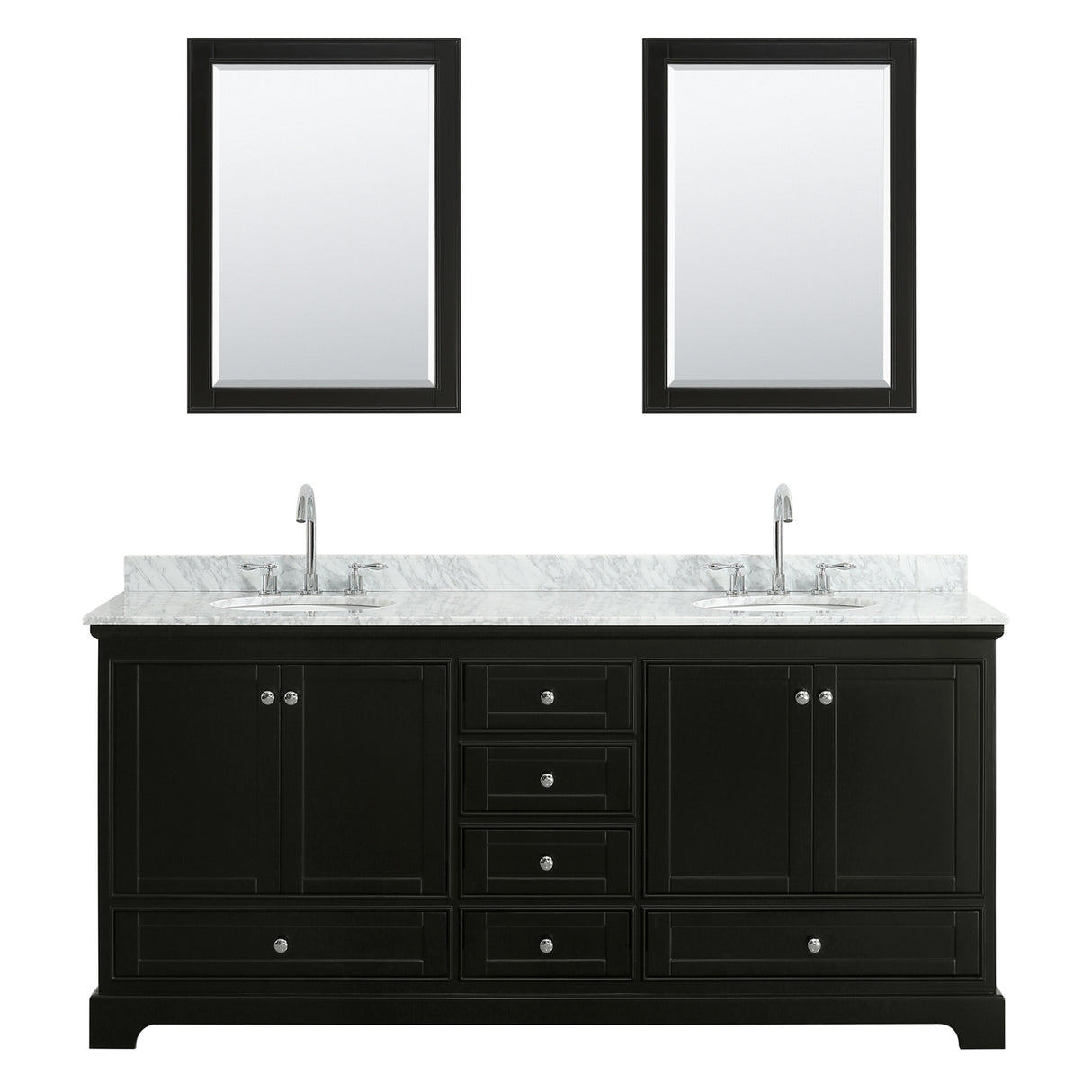 Deborah 80 Inch Double Bathroom Vanity in Dark Espresso White Carrara Marble Countertop Undermount Oval Sinks and 24 Inch Mirrors