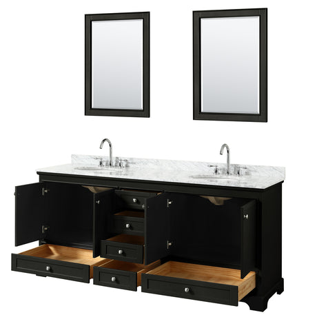 Deborah 80 Inch Double Bathroom Vanity in Dark Espresso White Carrara Marble Countertop Undermount Oval Sinks and 24 Inch Mirrors