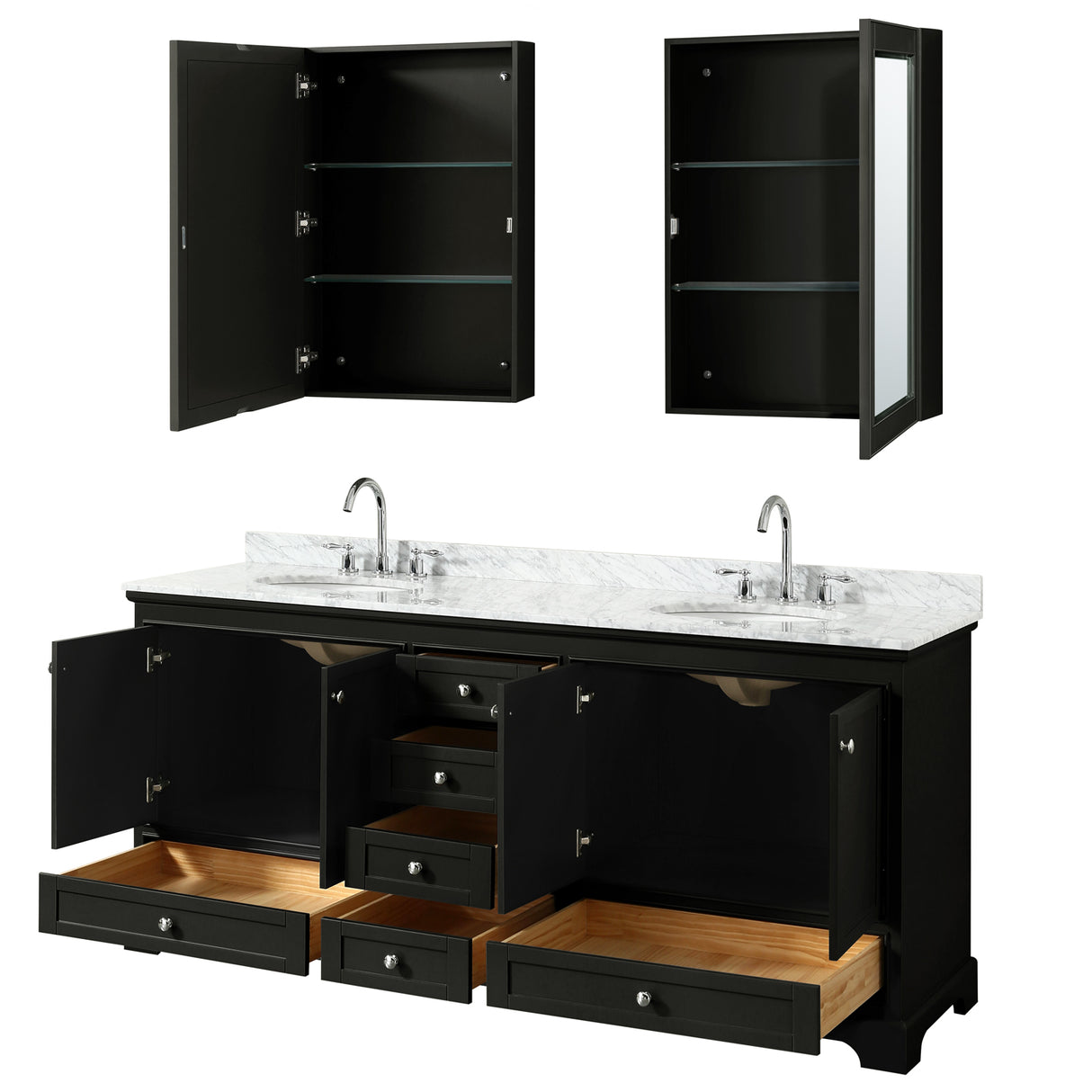 Deborah 80 Inch Double Bathroom Vanity in Dark Espresso White Carrara Marble Countertop Undermount Oval Sinks and Medicine Cabinets