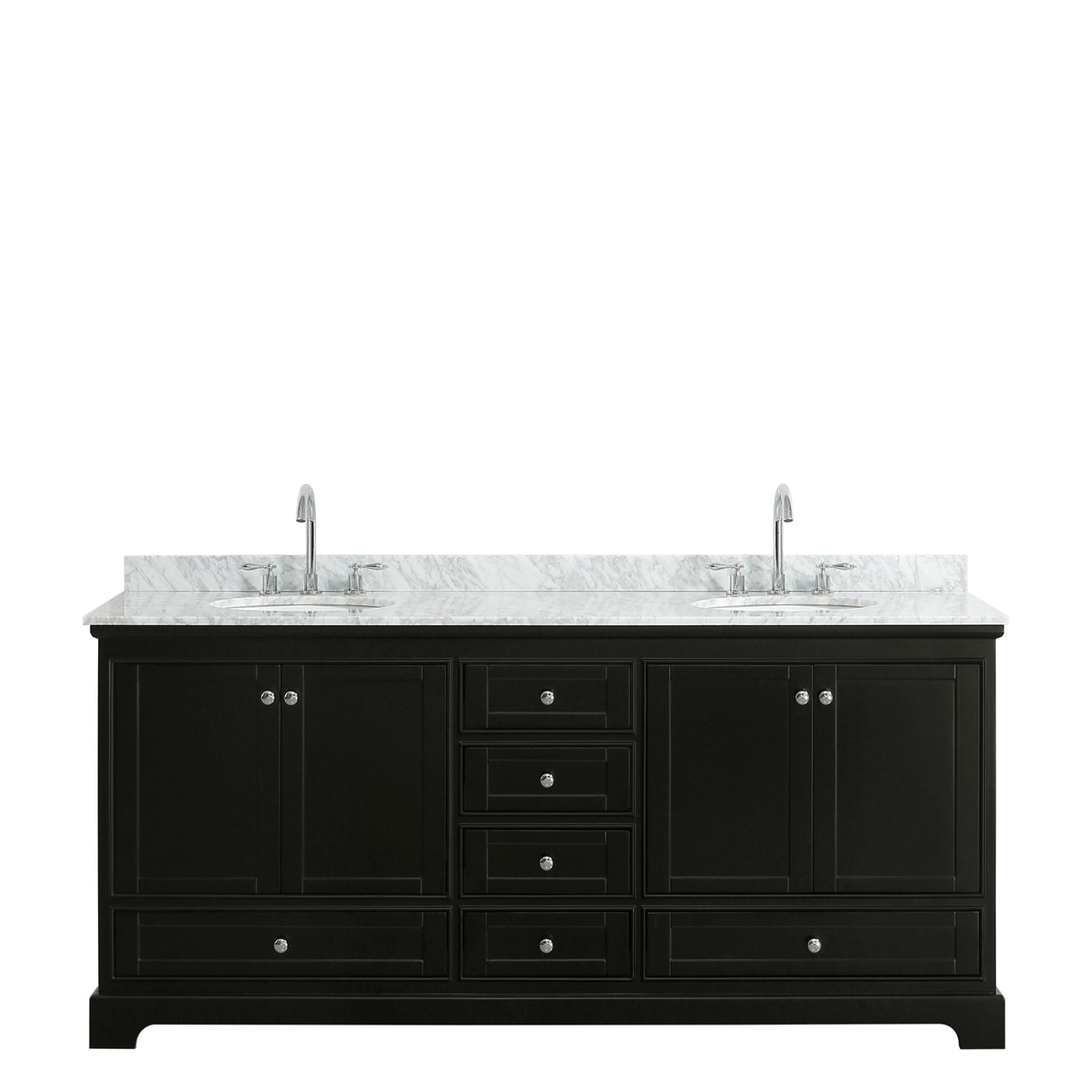 Deborah 80 Inch Double Bathroom Vanity in Dark Espresso White Carrara Marble Countertop Undermount Oval Sinks and No Mirrors