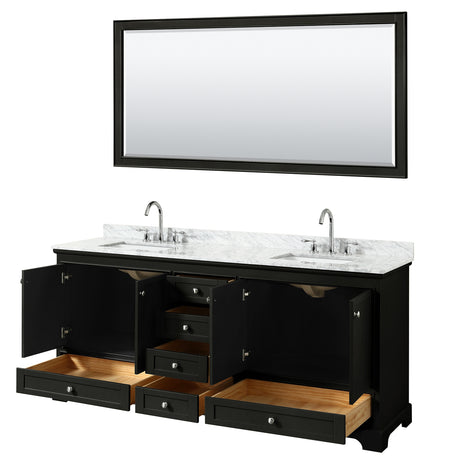 Deborah 80 Inch Double Bathroom Vanity in Dark Espresso White Carrara Marble Countertop Undermount Square Sinks and 70 Inch Mirror