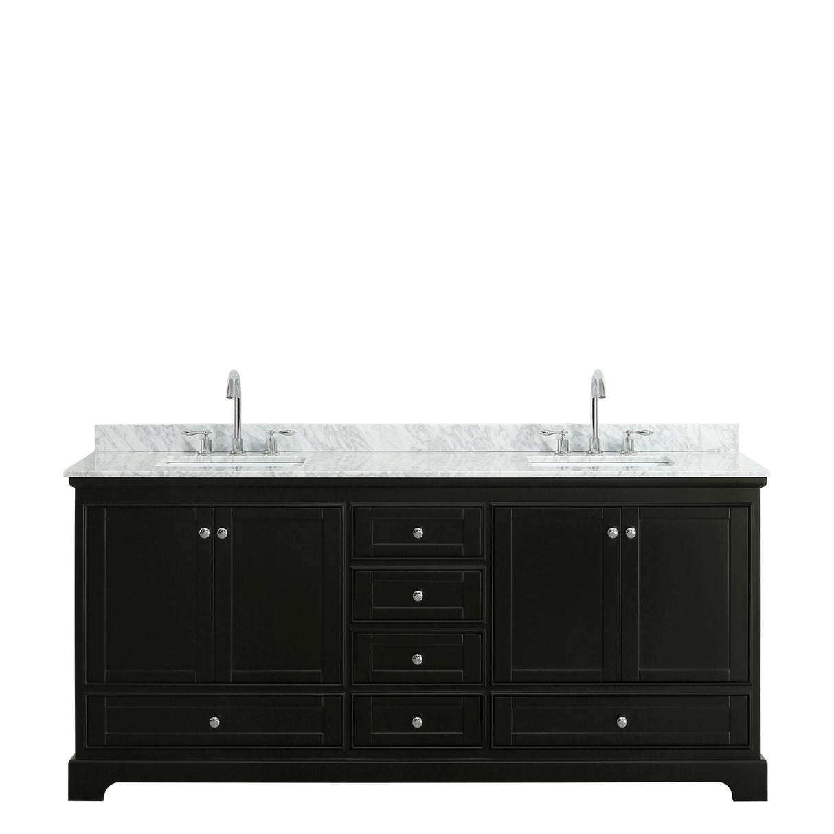 Deborah 80 Inch Double Bathroom Vanity in Dark Espresso White Carrara Marble Countertop Undermount Square Sinks and No Mirrors