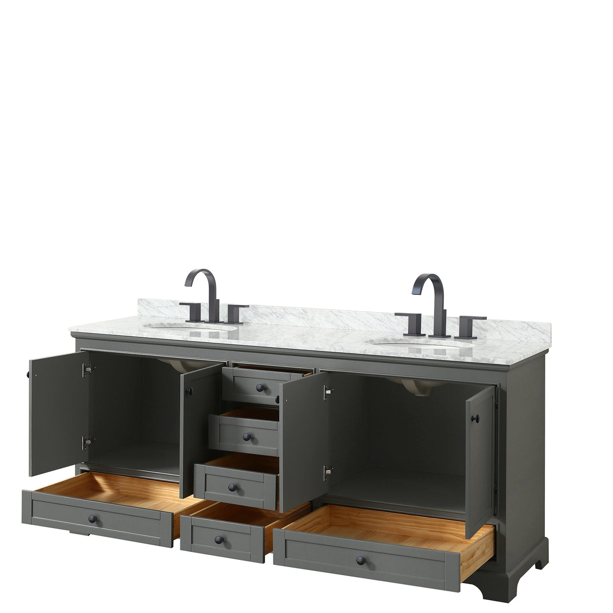 Deborah 80 Inch Double Bathroom Vanity in Dark Gray White Carrara Marble Countertop Undermount Oval Sinks Matte Black Trim