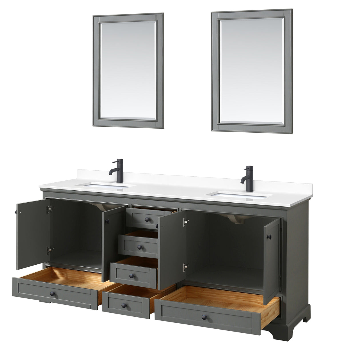 Deborah 80 Inch Double Bathroom Vanity in Dark Gray White Cultured Marble Countertop Undermount Square Sinks Matte Black Trim 24 Inch Mirrors