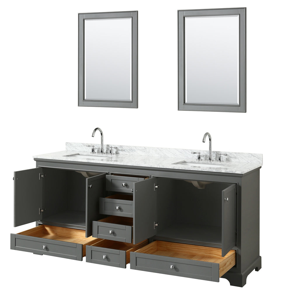 Deborah 80 Inch Double Bathroom Vanity in Dark Gray White Carrara Marble Countertop Undermount Square Sinks and 24 Inch Mirrors