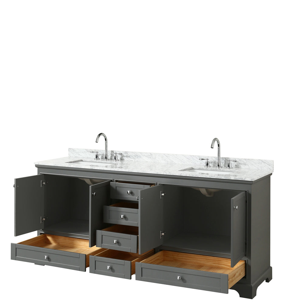 Deborah 80 Inch Double Bathroom Vanity in Dark Gray White Carrara Marble Countertop Undermount Square Sinks and No Mirror