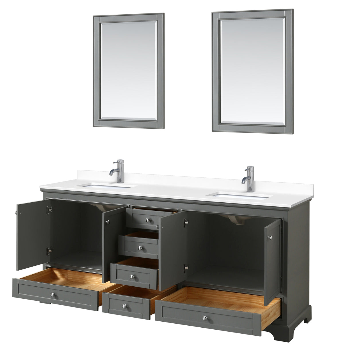 Deborah 80 Inch Double Bathroom Vanity in Dark Gray White Cultured Marble Countertop Undermount Square Sinks 24 Inch Mirrors