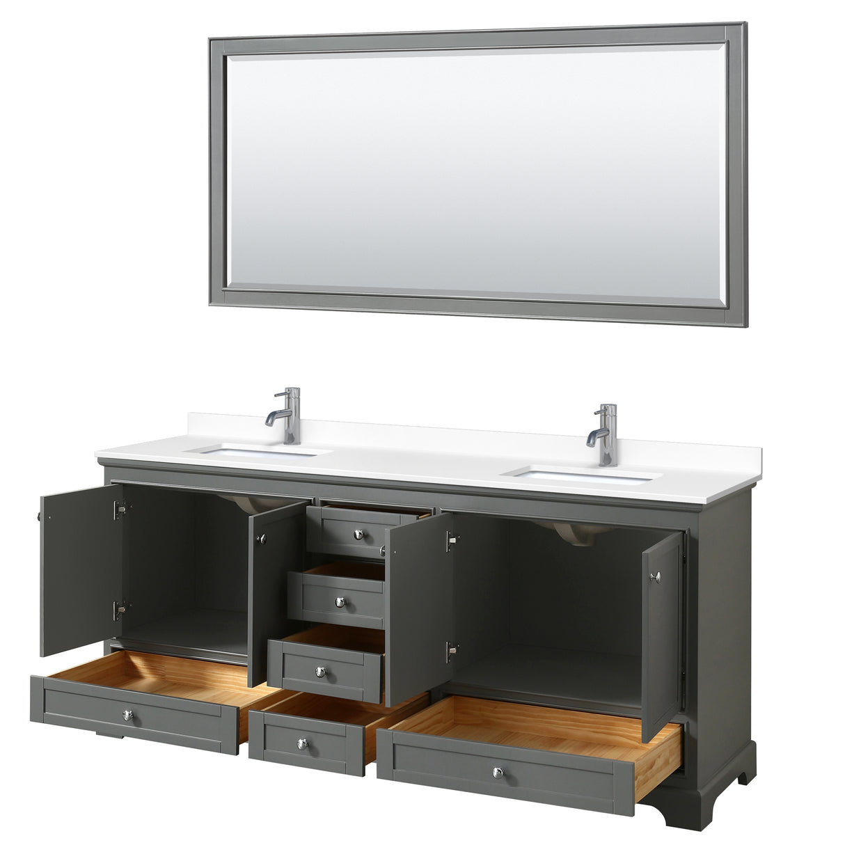 Deborah 80 Inch Double Bathroom Vanity in Dark Gray White Cultured Marble Countertop Undermount Square Sinks 70 Inch Mirror