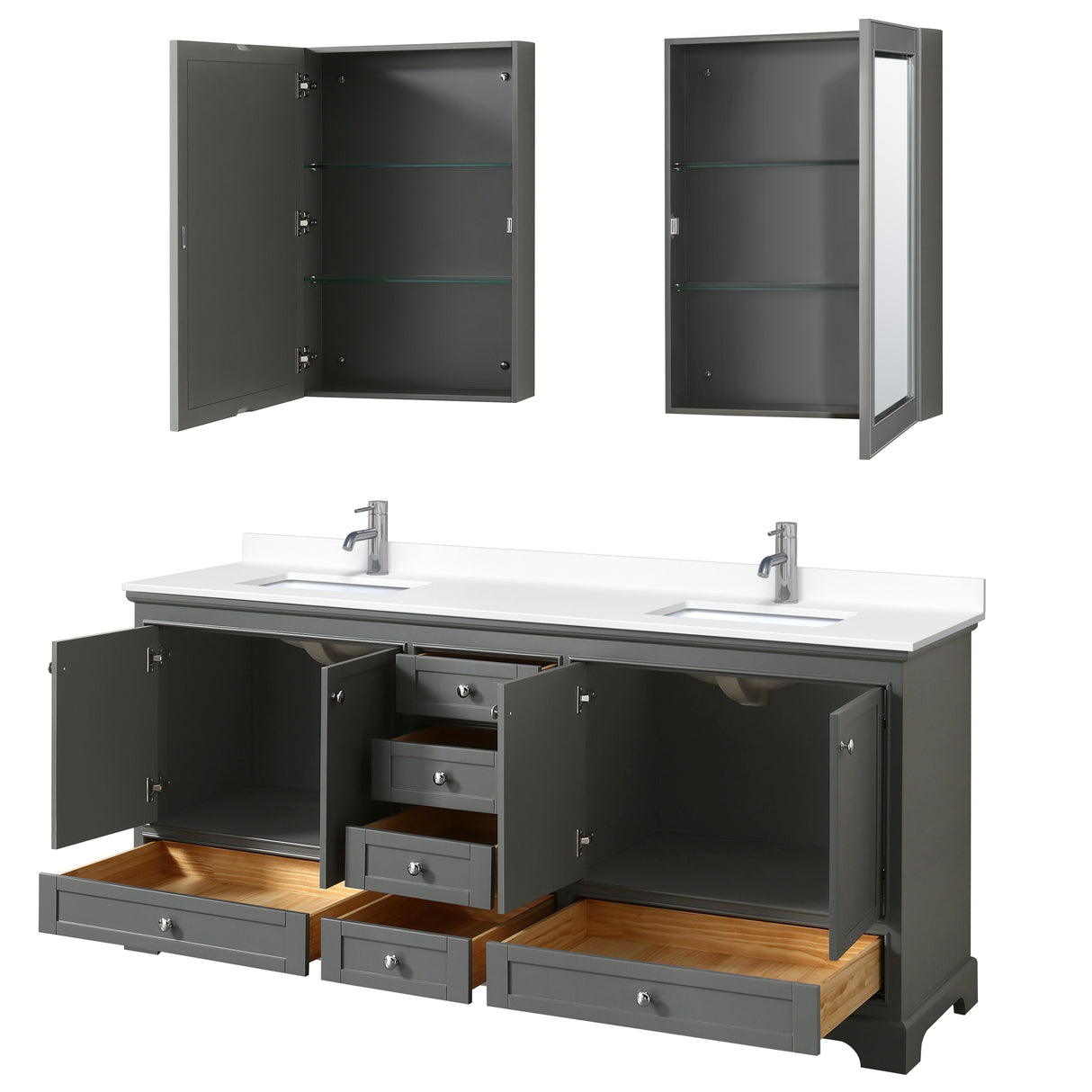 Deborah 80 Inch Double Bathroom Vanity in Dark Gray White Cultured Marble Countertop Undermount Square Sinks Medicine Cabinets