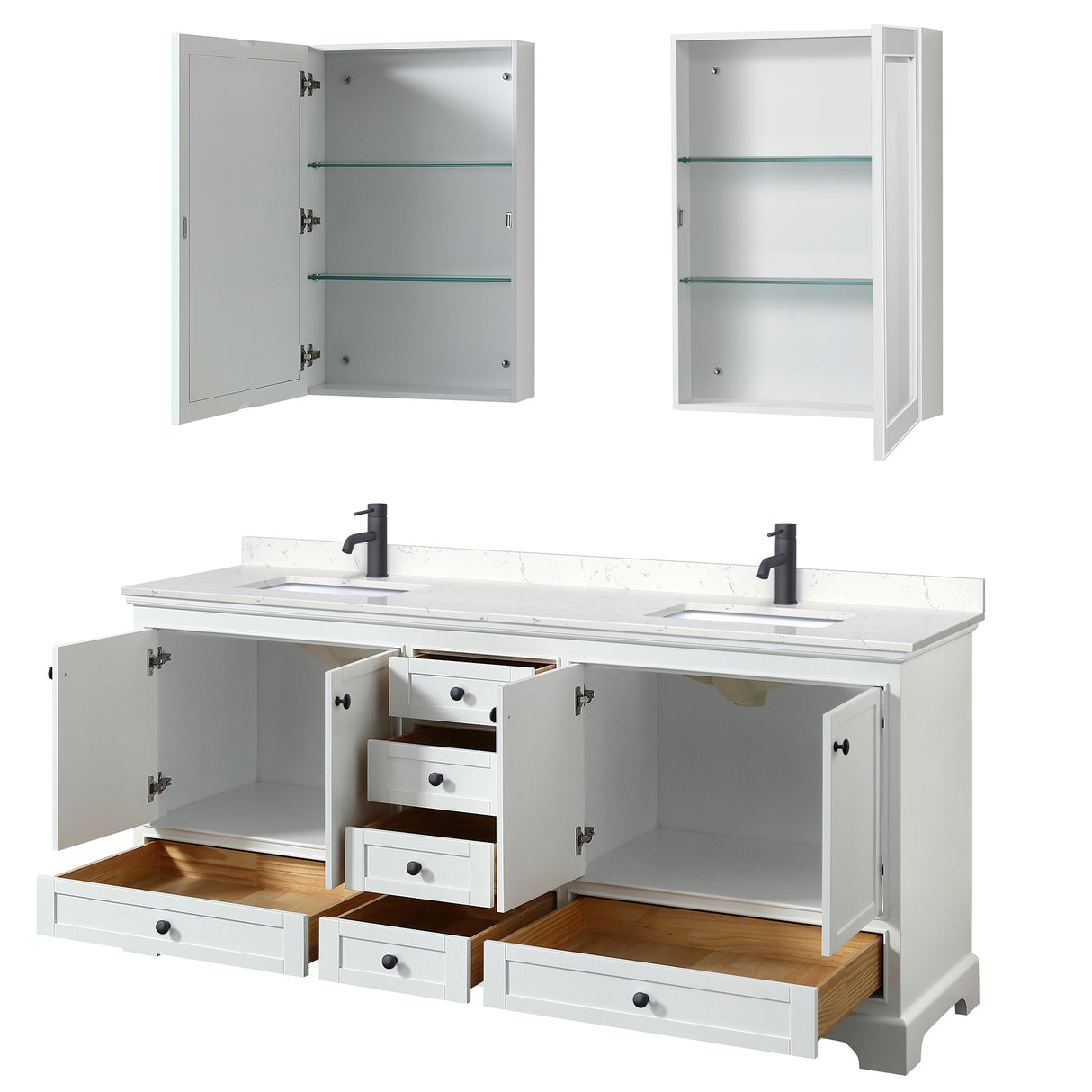 Deborah 80 Inch Double Bathroom Vanity in White Carrara Cultured Marble Countertop Undermount Square Sinks Matte Black Trim Medicine Cabinets