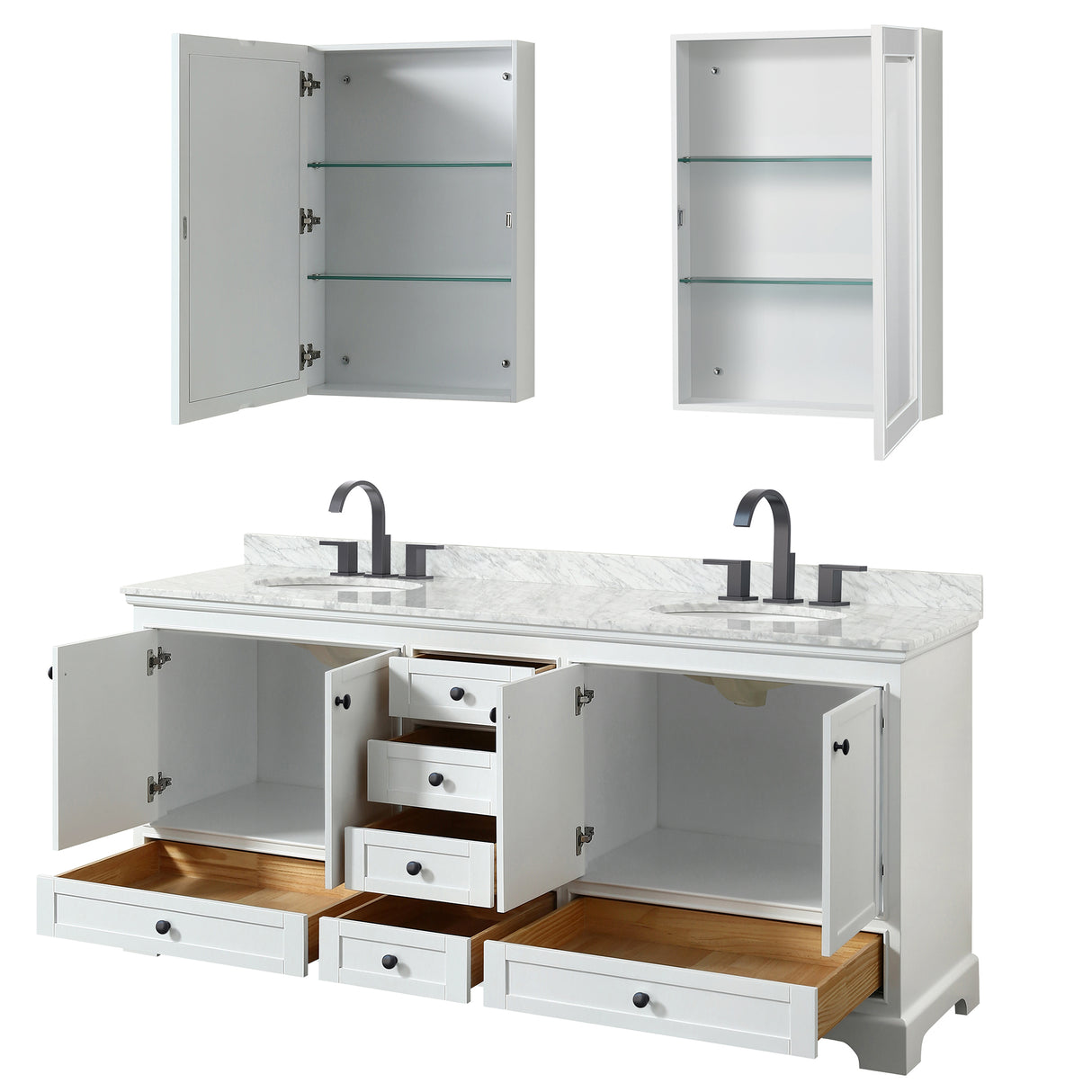 Deborah 80 Inch Double Bathroom Vanity in White White Carrara Marble Countertop Undermount Oval Sinks Matte Black Trim Medicine Cabinets