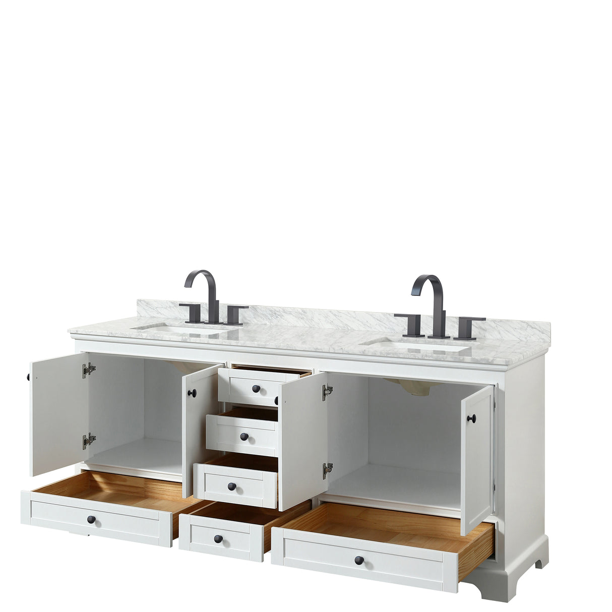Deborah 80 Inch Double Bathroom Vanity in White White Carrara Marble Countertop Undermount Square Sinks Matte Black Trim