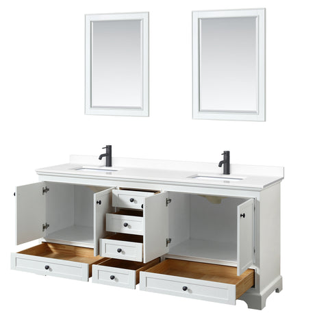 Deborah 80 Inch Double Bathroom Vanity in White White Cultured Marble Countertop Undermount Square Sinks Matte Black Trim 24 Inch Mirrors