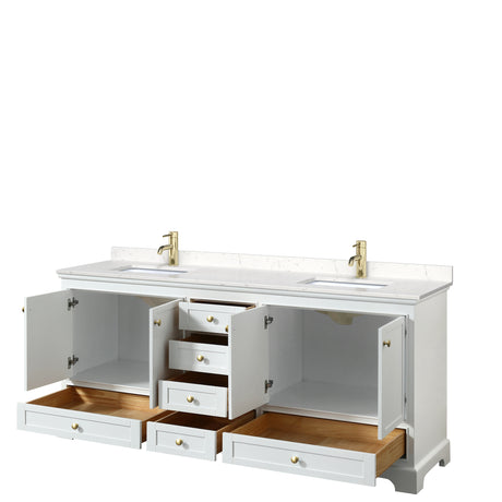 Deborah 80 Inch Double Bathroom Vanity in White Carrara Cultured Marble Countertop Undermount Square Sinks Brushed Gold Trim No Mirrors