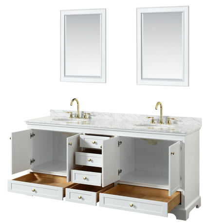 Deborah 80 Inch Double Bathroom Vanity in White White Carrara Marble Countertop Undermount Oval Sinks Brushed Gold Trim 24 Inch Mirrors