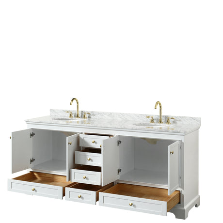 Deborah 80 Inch Double Bathroom Vanity in White White Carrara Marble Countertop Undermount Oval Sinks Brushed Gold Trim No Mirrors