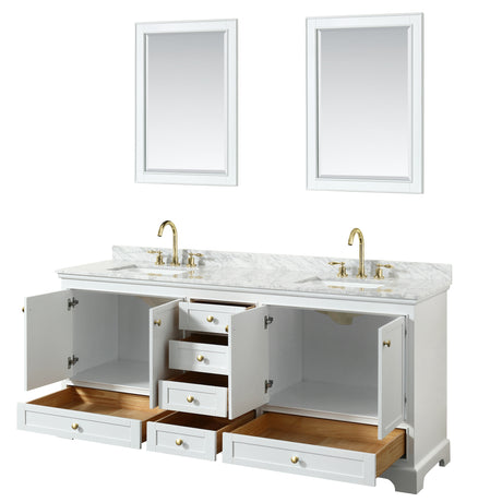 Deborah 80 Inch Double Bathroom Vanity in White White Carrara Marble Countertop Undermount Square Sinks Brushed Gold Trim 24 Inch Mirrors