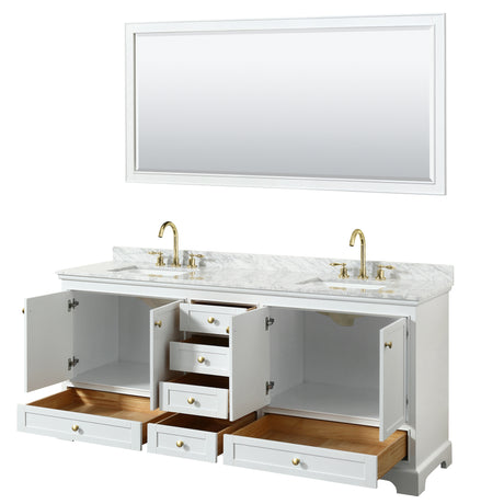 Deborah 80 Inch Double Bathroom Vanity in White White Carrara Marble Countertop Undermount Square Sinks Brushed Gold Trim 70 Inch Mirror