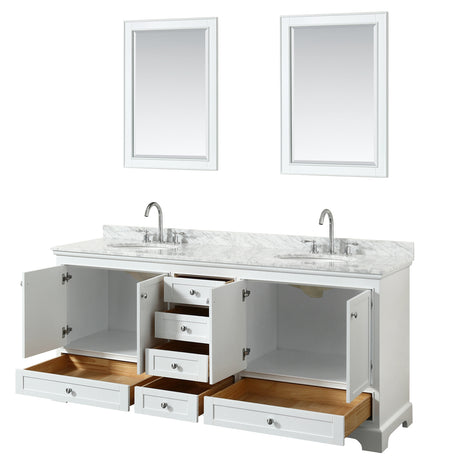 Deborah 80 Inch Double Bathroom Vanity in White White Carrara Marble Countertop Undermount Oval Sinks and 24 Inch Mirrors