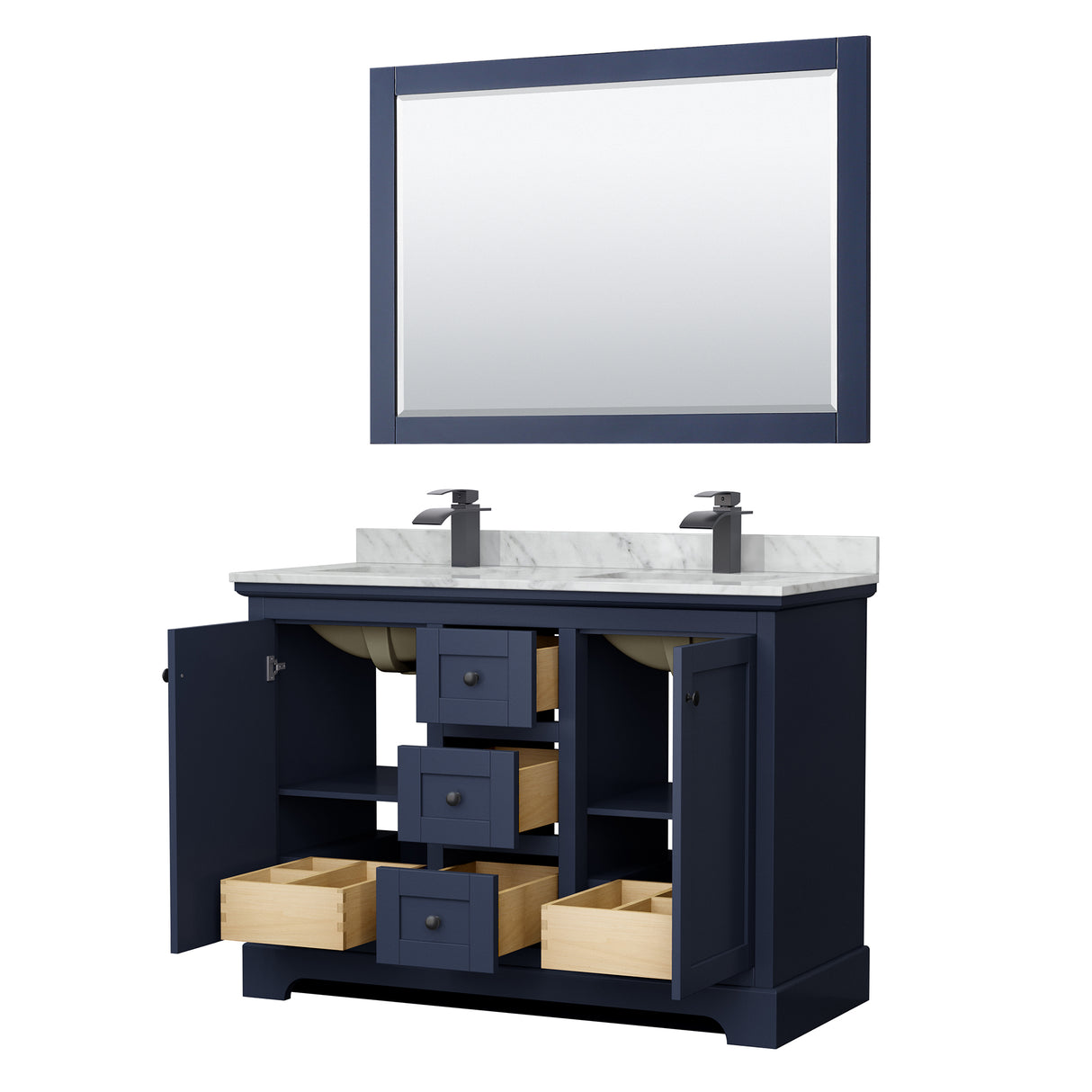Avery 48 Inch Double Bathroom Vanity in Dark Blue White Carrara Marble Countertop Undermount Square Sinks Matte Black Trim 46 Inch Mirror